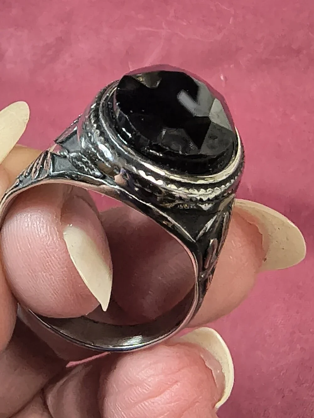 Men's Black Stone Stainless Steel Ring Rhodium Plated Gothic Statement Ring - Picture 7 of 11
